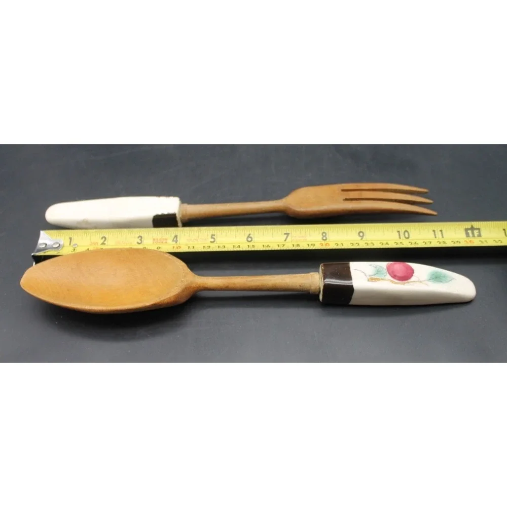 Vintage Wooden Salad Serving Set Ceramic Handles Fruit Motif Spoon Fork 11.5